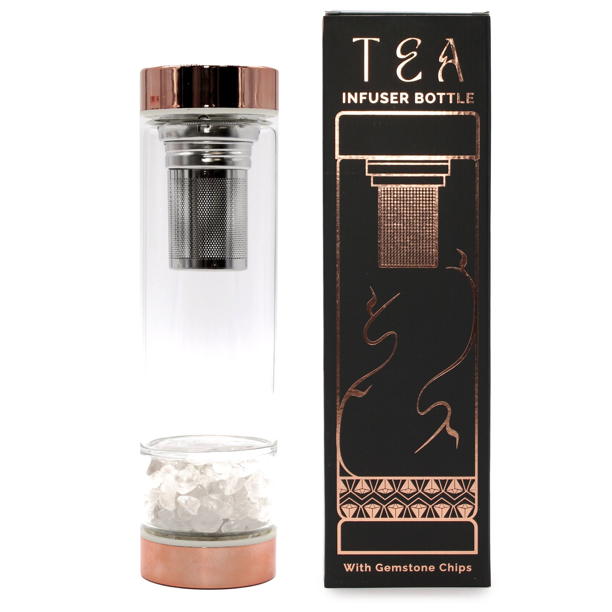 Crystal Glass Tea Infuser Bottle - Rose Gold - Rock Quartz - Image 3
